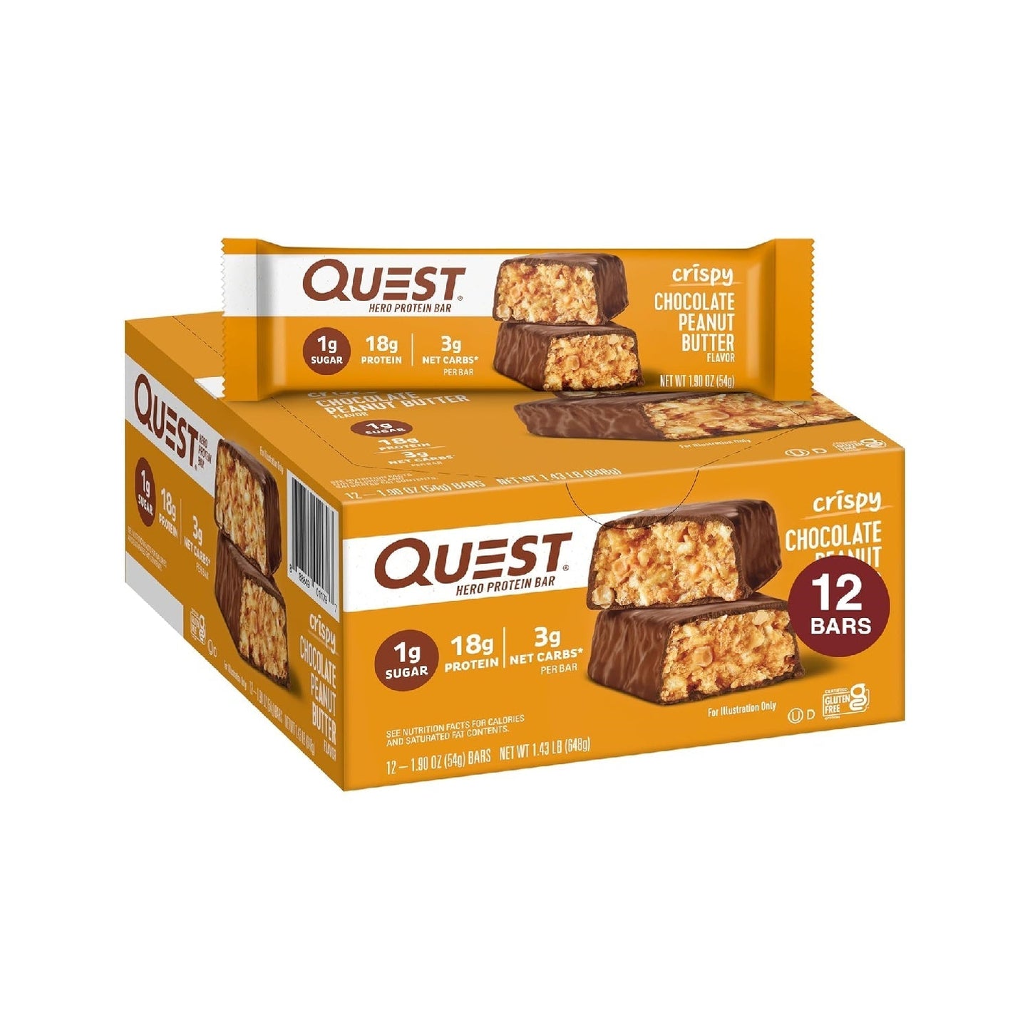 Quest Nutrition Crispy  Hero Protein Bar, 18g Protein, 1g Sugar, 3g Net Carb, Gluten Free Protein Snack,  12 Count